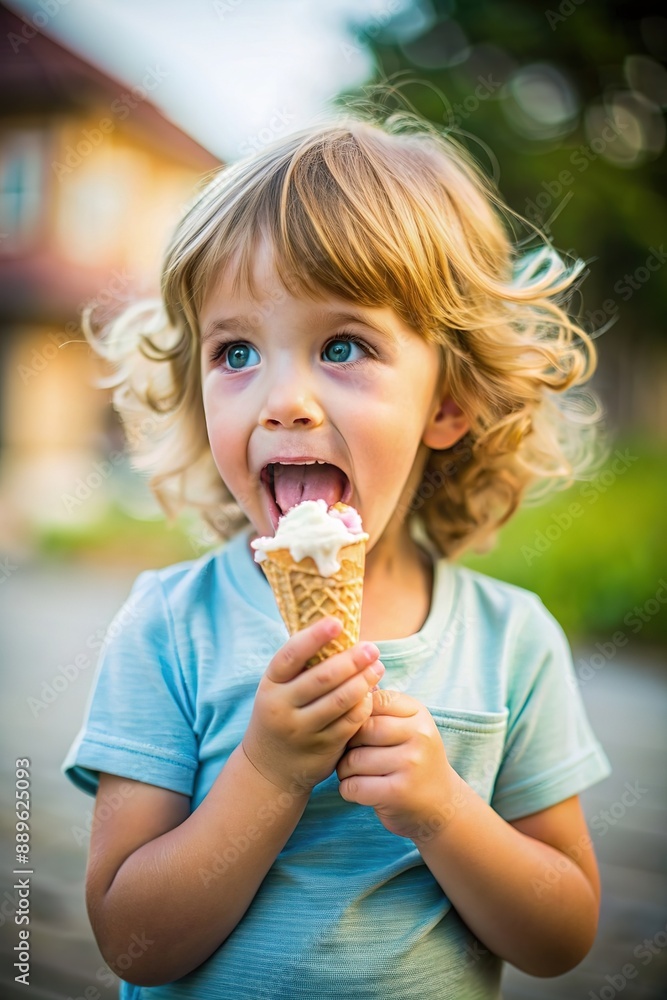 Baby boy kid hold strawberry ice cream in waffles cone isolated on background with free text copy space Baby boy kid hold strawberry ice cream in waffles cone isolated on background with free text copy space