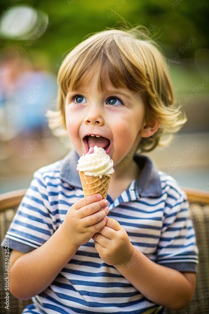 Baby boy kid hold strawberry ice cream in waffles cone isolated on background with free text copy space Baby boy kid hold strawberry ice cream in waffles cone isolated on background with free text copy space