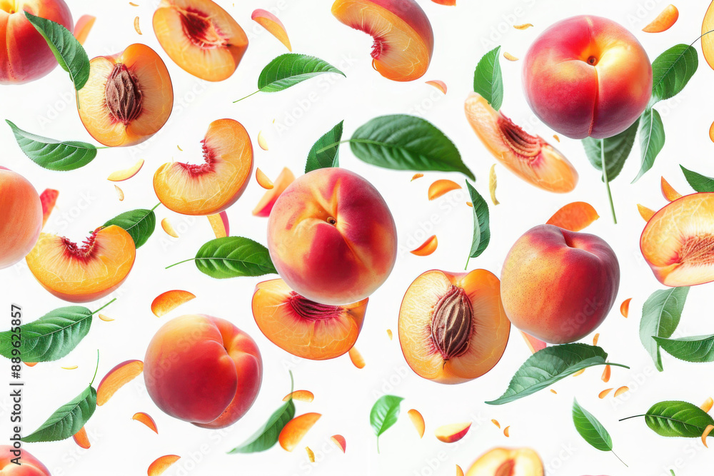 Flying Peach fruit with half slice and green leaves in the air with leaves isolated on background, Delicious fruit in summer season.
Flying Peach fruit with half slice and green leaves in the air with leaves isolated on background, Delicious fruit in summer season.
