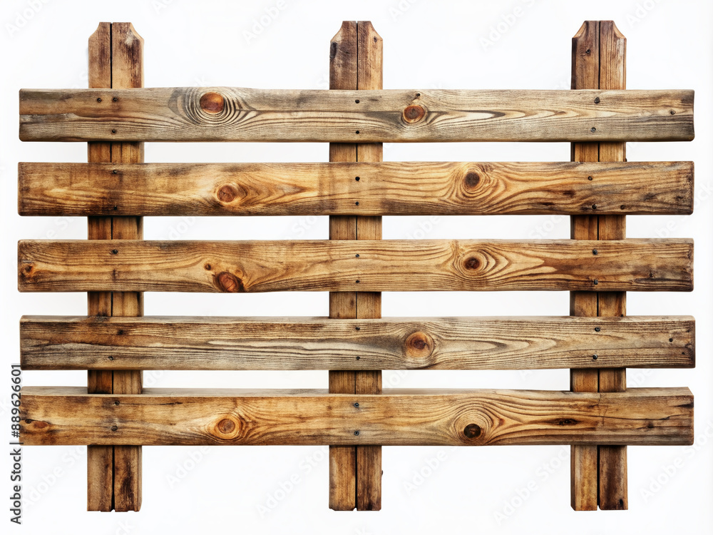 Rustic wooden fence isolated on a white background with horizontal planks and vertical posts, creating a natural and cozy texture and pattern. Rustic wooden fence isolated on a white background with horizontal planks and vertical posts, creating a natural and cozy texture and pattern.