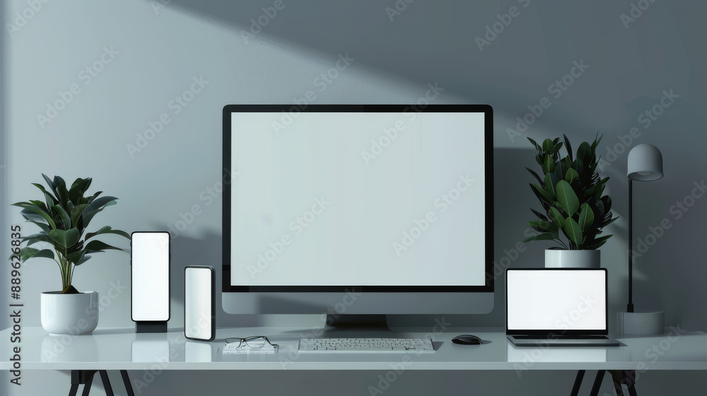 A computer desk with a monitor, keyboard, and mouse A computer desk with a monitor, keyboard, and mouse