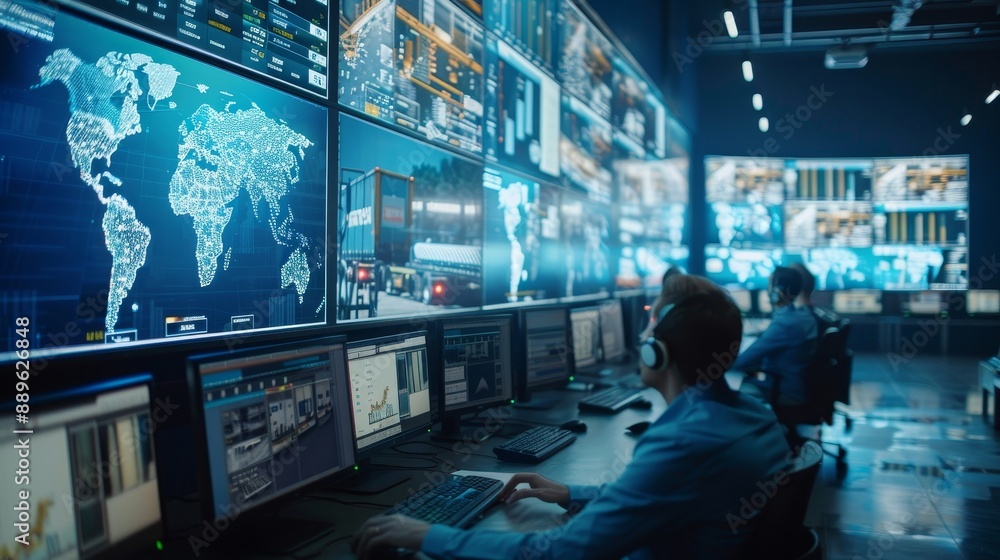 International Logistics Office with Multiethnic Specialists Using Satellite Technology to Track a Fleet of Delivery Vehicles on a City Map. Large Display Shows Real-Time CCTV Feed and, Generative AI International Logistics Office with Multiethnic Specialists Using Satellite Technology to Track a Fleet of Delivery Vehicles on a City Map. Large Display Shows Real-Time CCTV Feed and, Generative AI