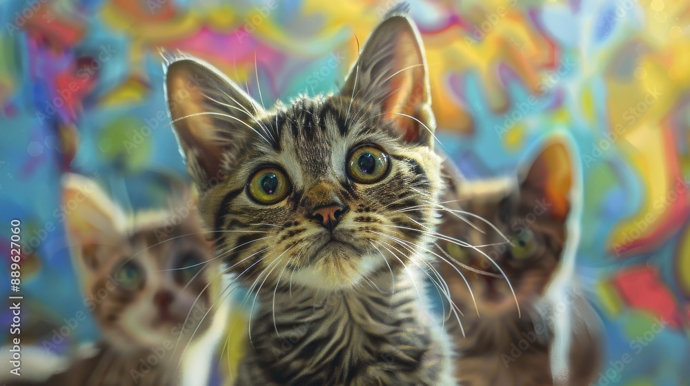Fototapeta premium Celebrating unique cat breeds with fun facts, realistic, bright colors, digital art, background of a lively pet care center, entertaining and educational