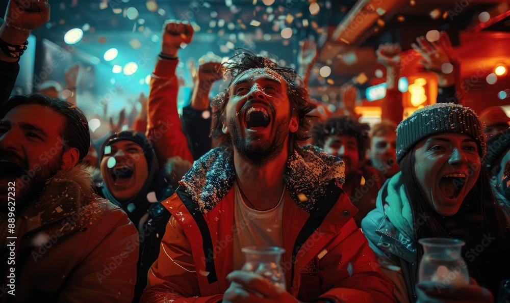 Group of American Football Fans Watching a Live Match Broadcast in a Sports Pub on TV. People Cheering, Supporting Their Team. Crowd Goes Ecstatic When Team Scores a Goal and Wins the, Generative AI Group of American Football Fans Watching a Live Match Broadcast in a Sports Pub on TV. People Cheering, Supporting Their Team. Crowd Goes Ecstatic When Team Scores a Goal and Wins the, Generative AI