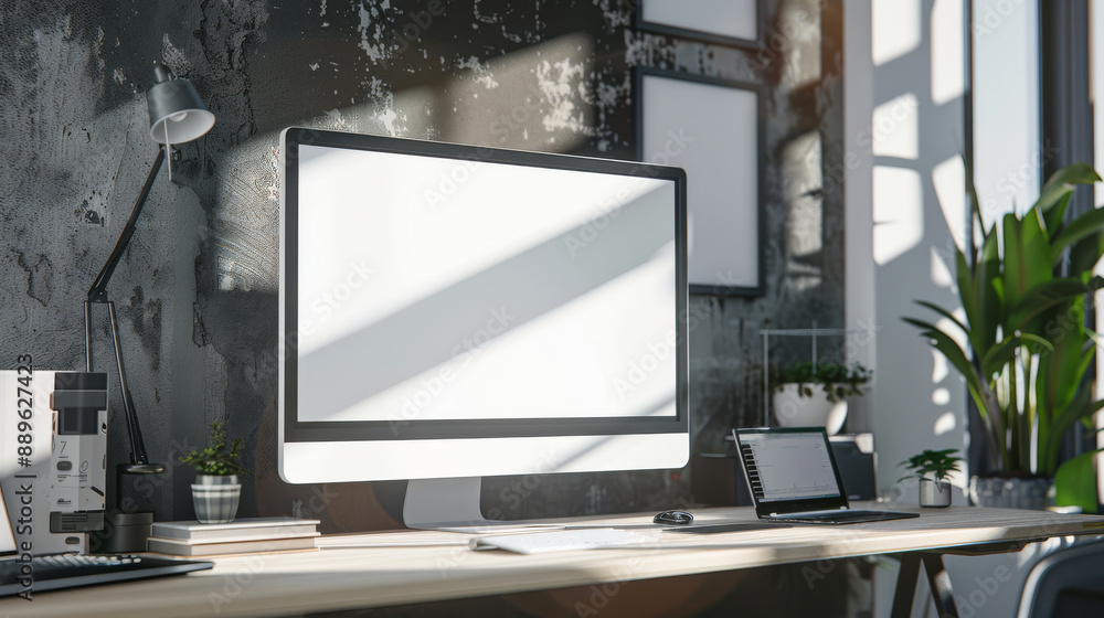 A computer desk with a monitor, keyboard, and mouse A computer desk with a monitor, keyboard, and mouse