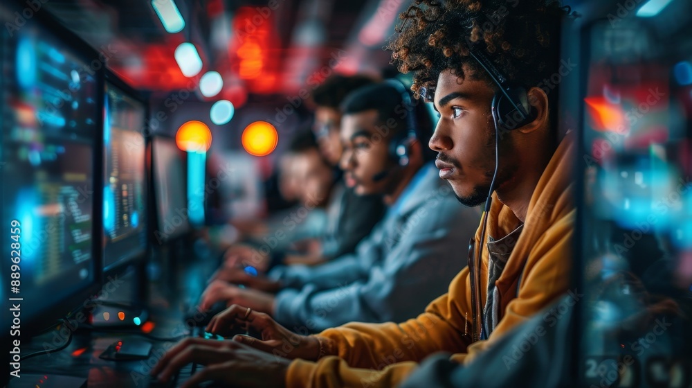 Group of Empowered Multicultural Men and Women Working in a Research Center, Using Computers to Run Advanced Software, Develop Artificial Intelligence, Generative AI Group of Empowered Multicultural Men and Women Working in a Research Center, Using Computers to Run Advanced Software, Develop Artificial Intelligence, Generative AI