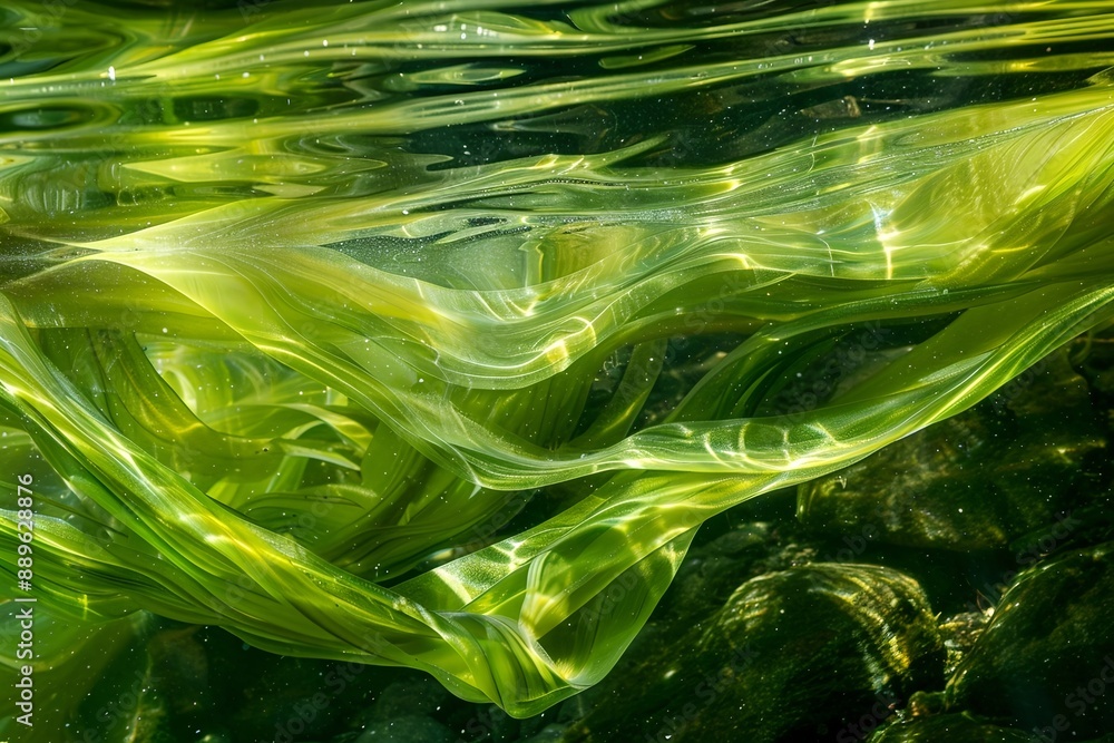 Unterwasseraufnahme von schwebendem Seetang in klarem Wasser Unterwasseraufnahme von schwebendem Seetang in klarem Wasser