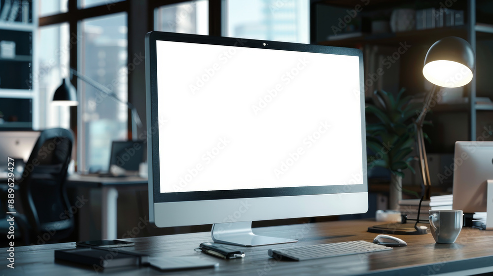 A computer monitor sits on a desk in a room with a lamp and a potted plant A computer monitor sits on a desk in a room with a lamp and a potted plant
