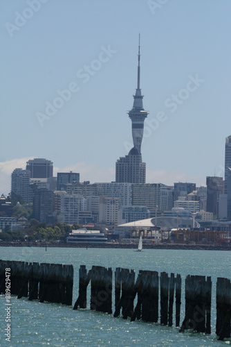 View of Auckland city from the sea, New Zealand. The city is a popular tourist destination.
