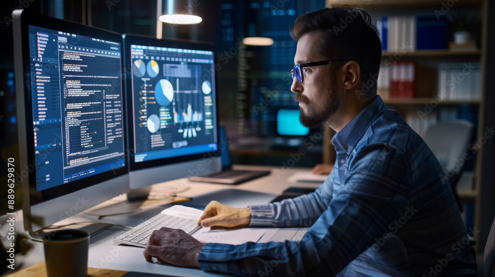 A man is sitting at a desk with two computer monitors in front of him A man is sitting at a desk with two computer monitors in front of him