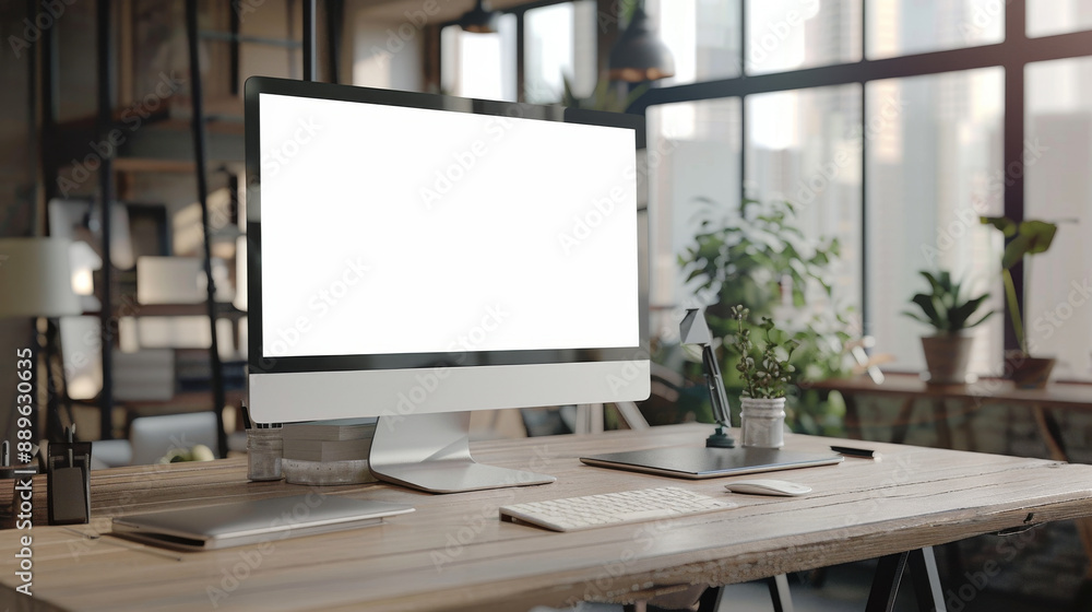 A computer monitor sits on a desk in a room with a view of the city A computer monitor sits on a desk in a room with a view of the city