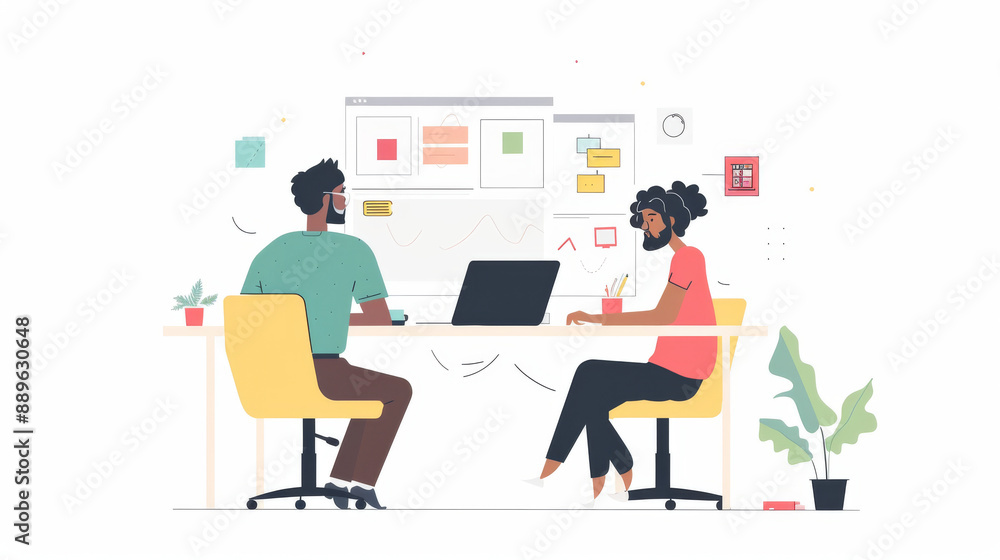 Two people sitting at a desk with a laptop and a plant in the background Two people sitting at a desk with a laptop and a plant in the background