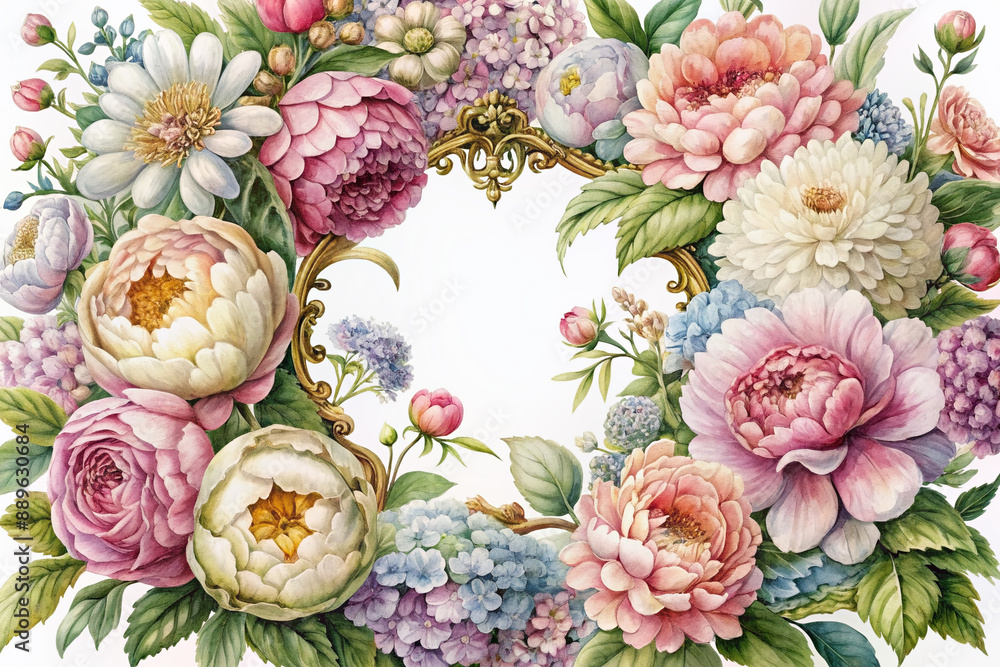 Whimsical watercolor illustrations of blooming peonies, daisies, and hydrangeas adorn ornate Victorian-era frames, evoking nostalgia and elegance in a bygone era of botanical art.