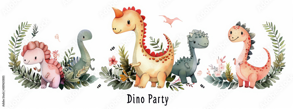 Obraz premium Watercolor cute cartoon dino. Dinosaurs Set Isolated on a White Background Illustration, Baby shower invitation kids birthday jurassic party. tyrannosaurus