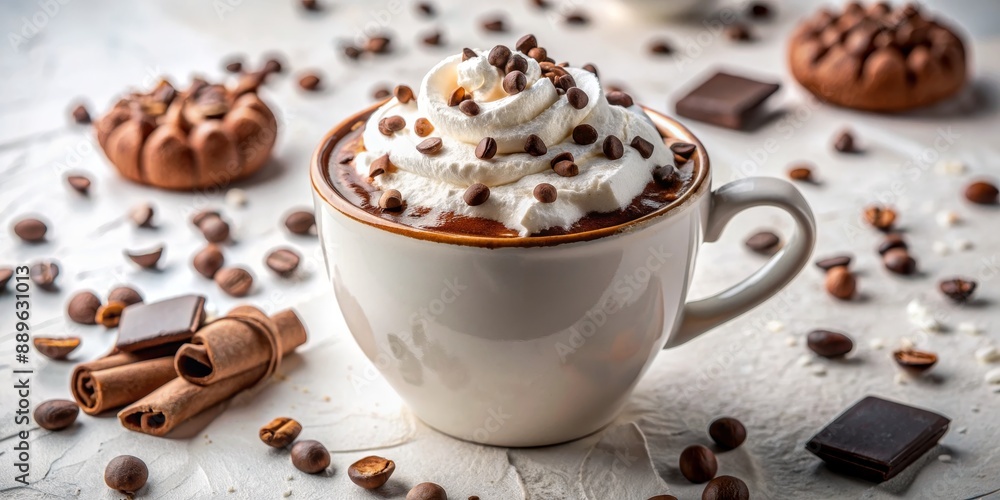 Hot Chocolate with Whipped Cream and Chocolate Chips, Coffee Beans, Cinnamon Sticks, White Background, Dessert, Drink, Coffee Hot Chocolate with Whipped Cream and Chocolate Chips, Coffee Beans, Cinnamon Sticks, White Background, Dessert, Drink, Coffee