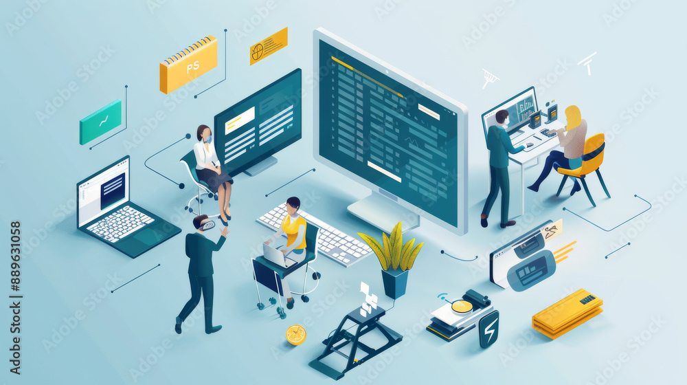 A group of people are working on a computer, with a man in a suit holding a pen A group of people are working on a computer, with a man in a suit holding a pen