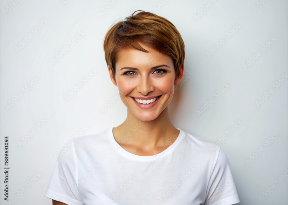 Attractive young woman with short hair beams with confidence, flashing a bright smile, wearing a casual white t-shirt, standing against a plain white backdrop. Attractive young woman with short hair beams with confidence, flashing a bright smile, wearing a casual white t-shirt, standing against a plain white backdrop.