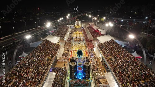 Samba Ride At Sao Paulo Brazil. Famous Carnival Sambadrome Landscape Viewed From Above. Night Highway Road Downtown Cityscape. Night Exterior Panorama. Sao Paulo Brazil. photo