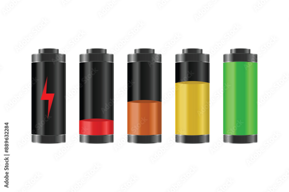 Set of realistic battery charge indicators with low and high energy levels isolated on transparent background. Full charged and discharged accumulators with colorful glow. Vector illustration Set of realistic battery charge indicators with low and high energy levels isolated on transparent background. Full charged and discharged accumulators with colorful glow. Vector illustration