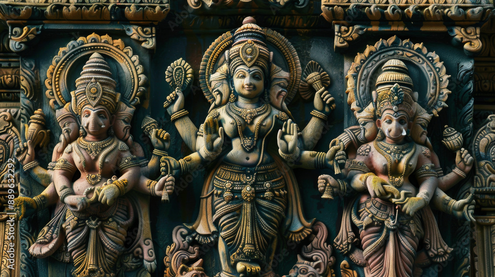 Three statues of Hindu gods are shown in a row Three statues of Hindu gods are shown in a row