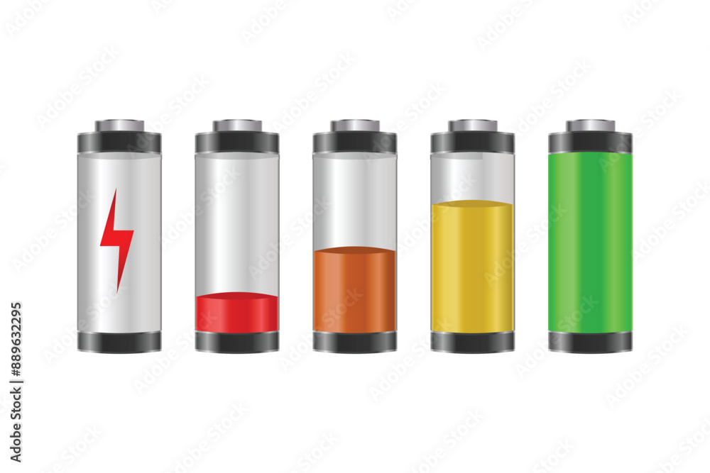 Set of realistic battery charge indicators with low and high energy levels isolated on transparent background. Full charged and discharged accumulators with colorful glow. Vector illustration Set of realistic battery charge indicators with low and high energy levels isolated on transparent background. Full charged and discharged accumulators with colorful glow. Vector illustration