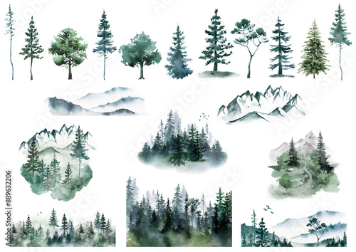 Canvas Print Foggy forest and mountains landscape watercolor illustration