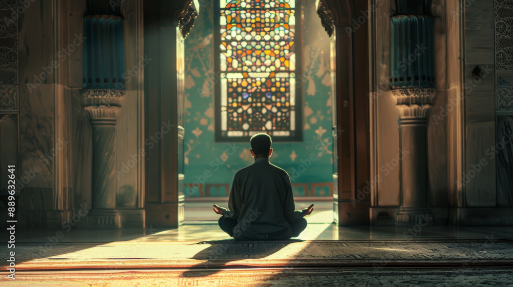 A man is sitting in a room with a stained glass window A man is sitting in a room with a stained glass window