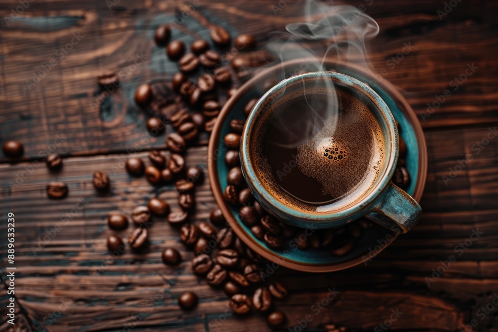 Aromatic Cup of Coffee with Steam and Coffee Beans Aromatic Cup of Coffee with Steam and Coffee Beans