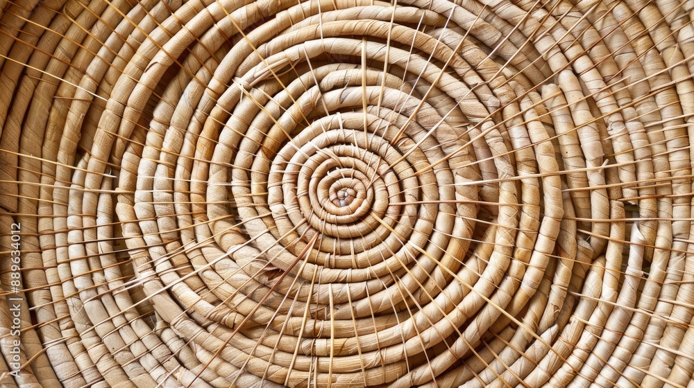 Naklejka premium Vintage white background wicker basket with spiral weave thick round cane material and Southwestern Native American design