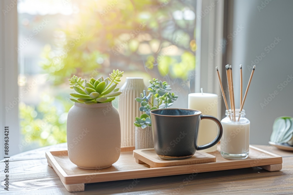 Zen-like Still Life with Succulents, a Cup of Coffee, and Incense Zen-like Still Life with Succulents, a Cup of Coffee, and Incense
