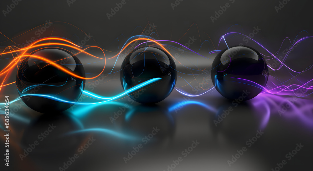 Three black spheres with blue orange purple lines coming out dark gray background Black Spheres Background Concept Three black spheres with blue orange purple lines coming out dark gray background Black Spheres Background Concept
