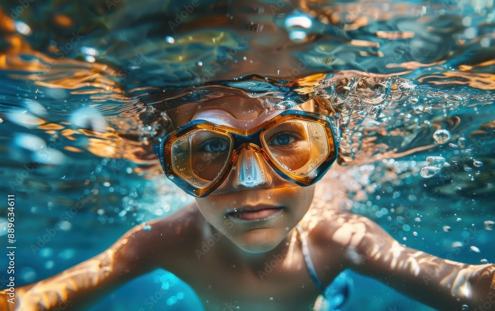 Naklejka premium A young child with a snorkel mask explores the depths of the ocean, surrounded by sunlight and bubbles