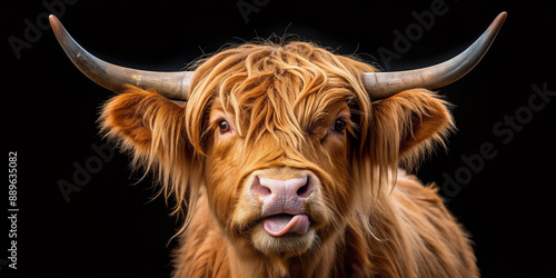 Adorable Scottish highland cow with shaggy fur and tongue sticking out, posing cutely on a mysterious black background, showcasing its playful nature. photo