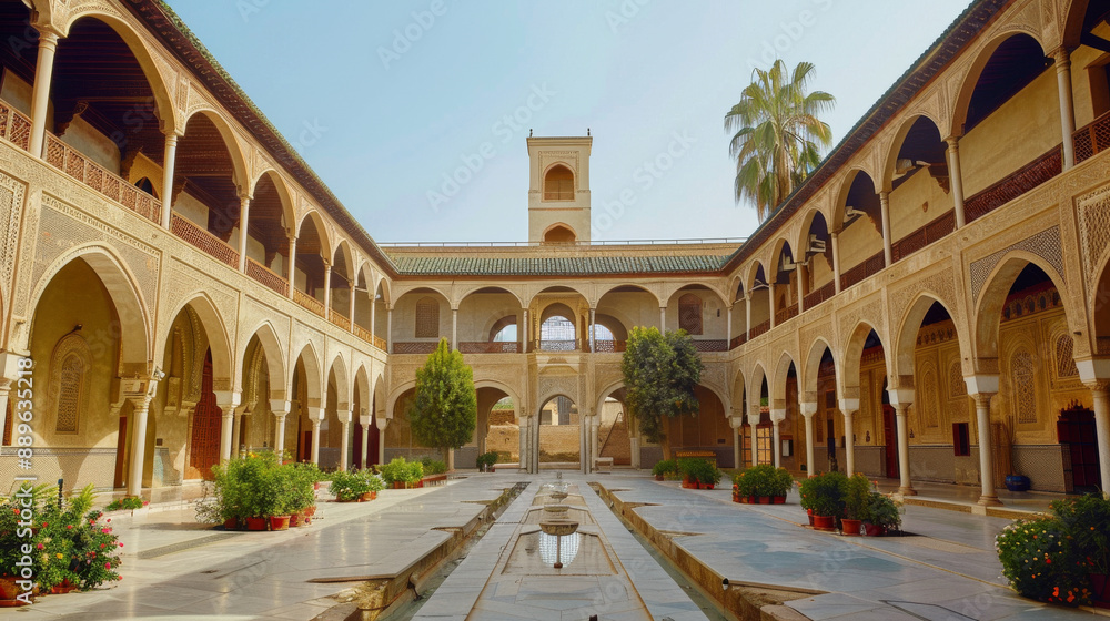 Fototapeta premium A courtyard with a fountain and trees