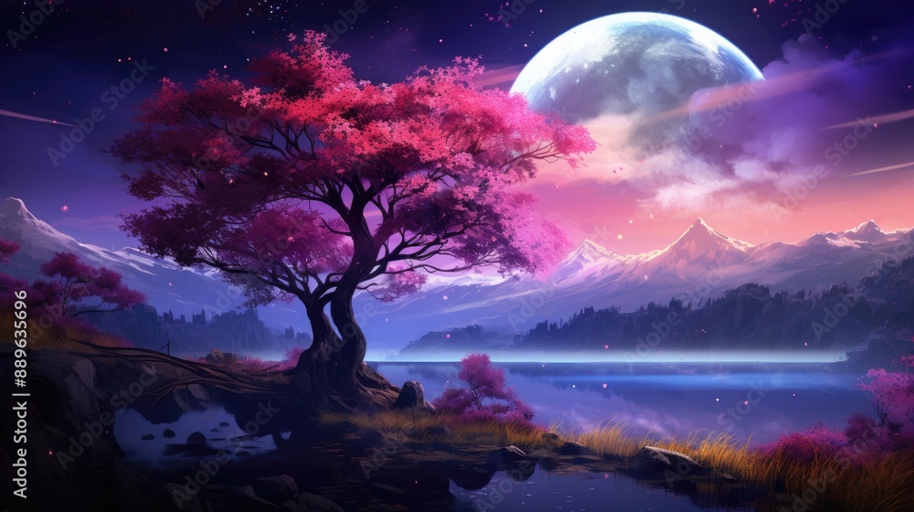 Pink Cherry Blossom Tree in Fantasy Landscape. Pink Cherry Blossom Tree in Fantasy Landscape.