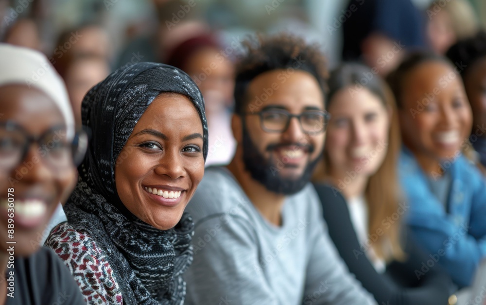 A group of diverse people smile at the camera while sitting in a modern setting A group of diverse people smile at the camera while sitting in a modern setting