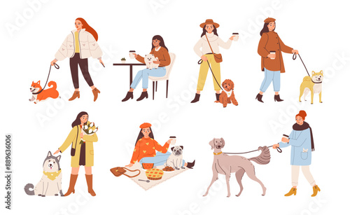People with dogs on a walk. Walking dogs of different breeds. Pet owner set. Flat vector illustration