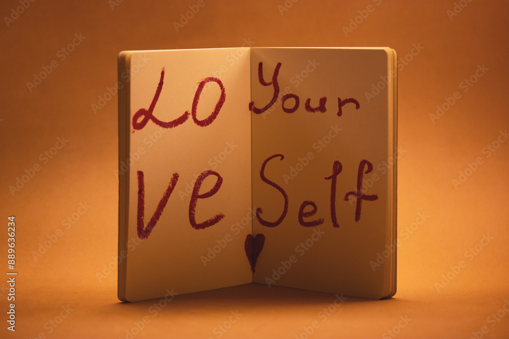 Text 'Love yourself' written in red lipstick on white sheets of open notebook on orange background. Self-love, healthy narcissism, self motivation. Text 'Love yourself' written in red lipstick on white sheets of open notebook on orange background. Self-love, healthy narcissism, self motivation.
