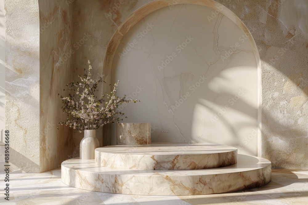 Product Podium - Marble Podium, Beige Background. 3D Illustration, Generative AI Product Podium - Marble Podium, Beige Background. 3D Illustration, Generative AI