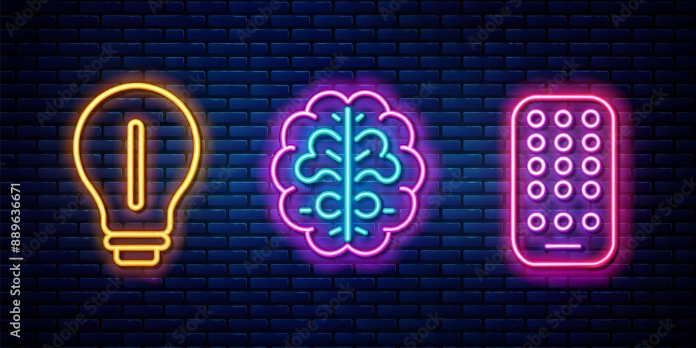 Neon Lightbulb, Brain and Phone Icons on Brick Wall, neon, sign , light , brick wall , icon Neon Lightbulb, Brain and Phone Icons on Brick Wall, neon, sign , light , brick wall , icon