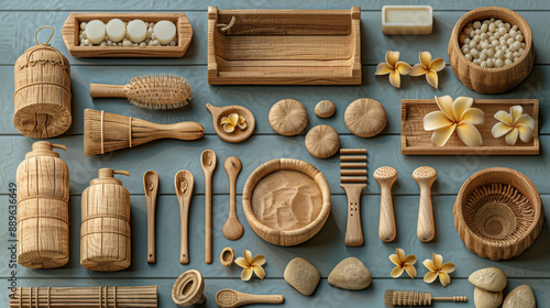 A variety of wooden spa accessories, including bowls, barrels, spoons, and massage tools, displayed on a neutral background. photo