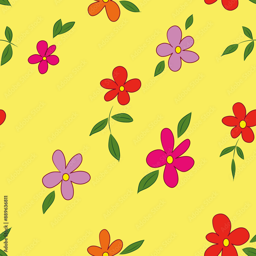 Obraz premium Digital pixel seamless pattern with colorful and fun flower and leaf motifs, with a childish aesthetic, with a light yellow background