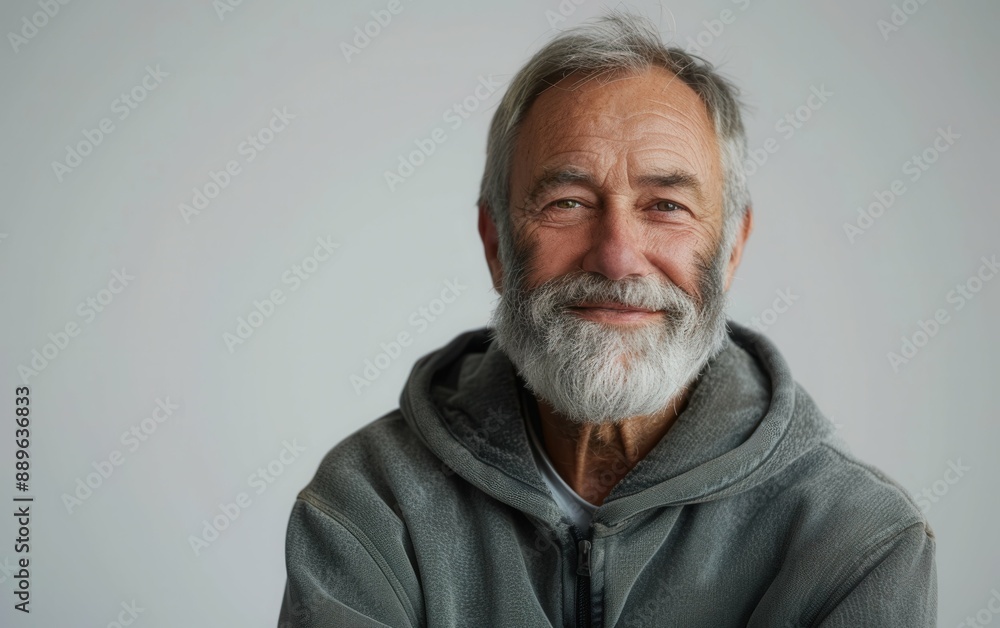 A mature bearded man smiles cheerfully as he looks directly at the camera, wearing a grey hoodie A mature bearded man smiles cheerfully as he looks directly at the camera, wearing a grey hoodie