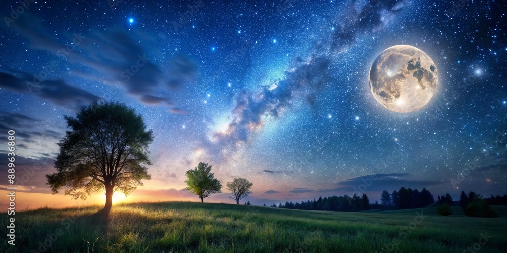 Fototapeta premium Night Sky Landscape with Full Moon and Milky Way, Landscape Photography, Night Sky Photography, Milky Way, Stars , night sky, milky way