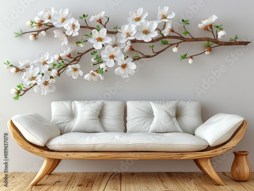 Minimalist living room with a cherry blossom branch mural