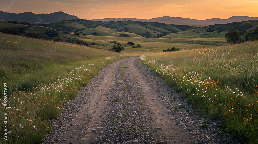 A road runs through a field of wildflowers A road runs through a field of wildflowers