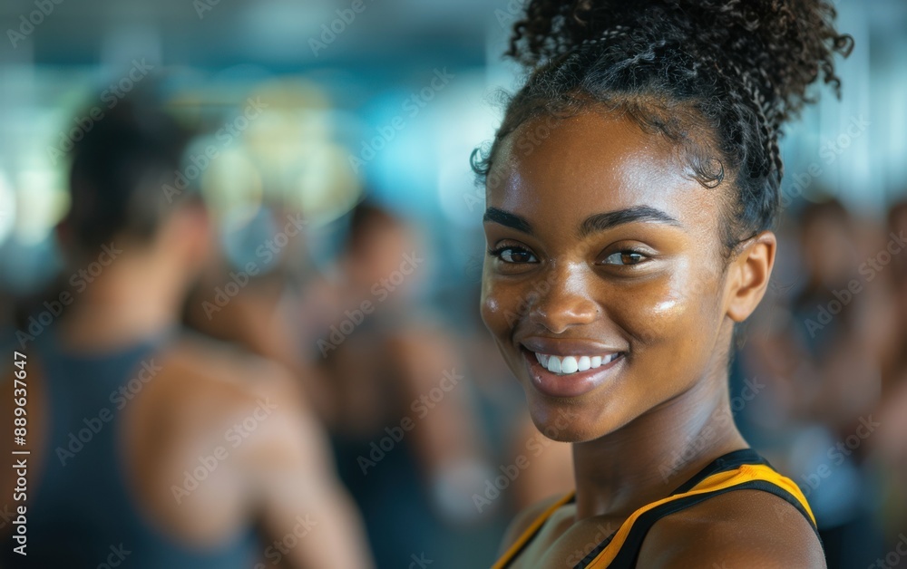 Naklejka premium A young Black woman smiles while participating in a boxing class at a gym