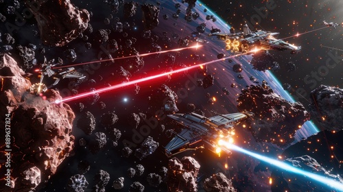 A fierce space battle with starships exchanging laser fire amid an asteroid field.