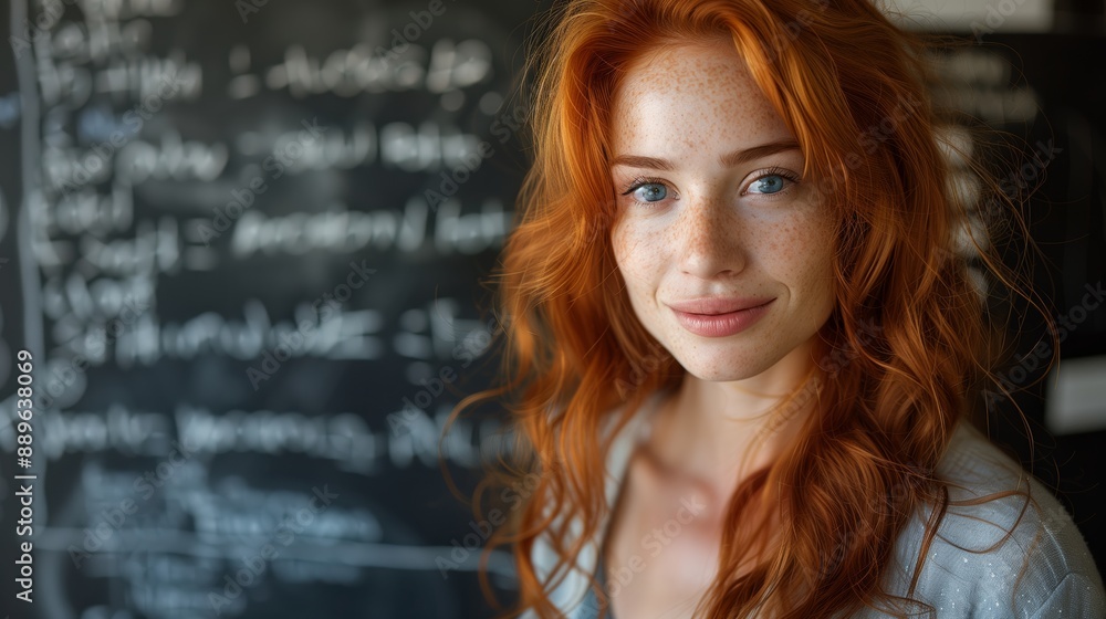 Woman With Red Hair Smiling in Front of a Chalkboard Woman With Red Hair Smiling in Front of a Chalkboard