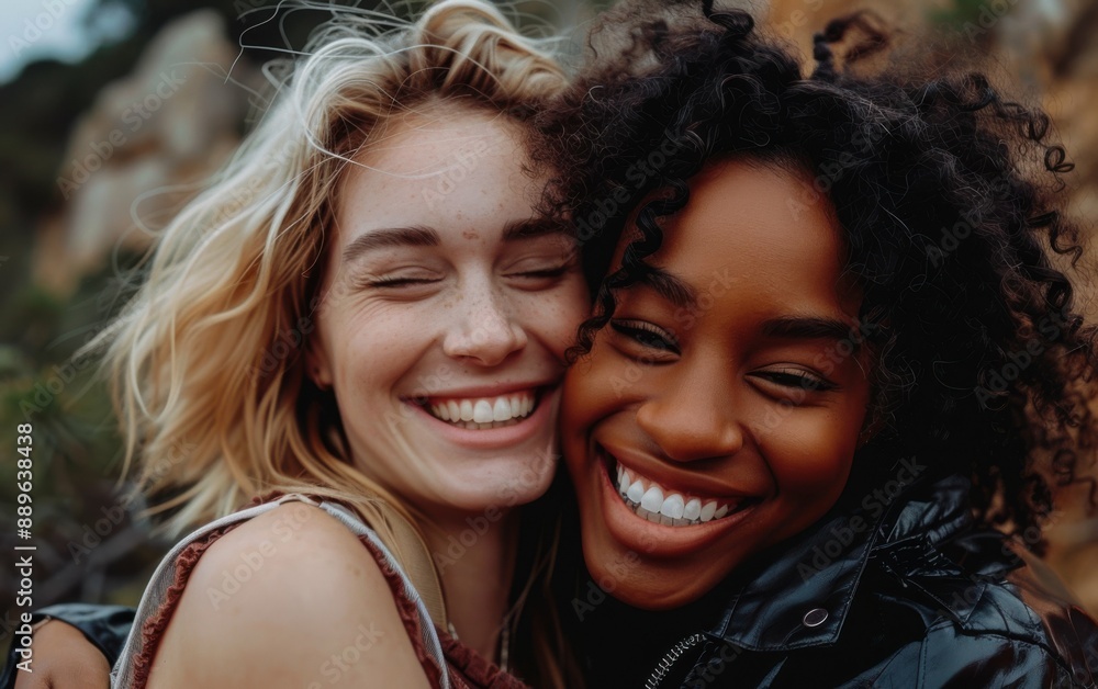 Fototapeta premium Two young women, one with blonde hair and one with curly black hair, embrace each other outdoors, both smiling brightly and looking happy